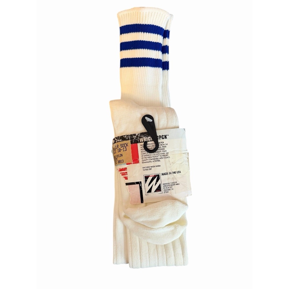 Vintage Wrightsock Soccer Socks Mens Size 10-13 White Blue Stripe 100% Nylon‎
